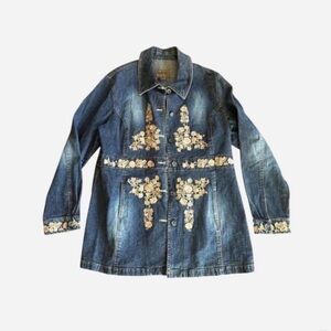 Vintage Embroidered Denim Jacket XL boho cottage artsy hippie Brandon Thomas